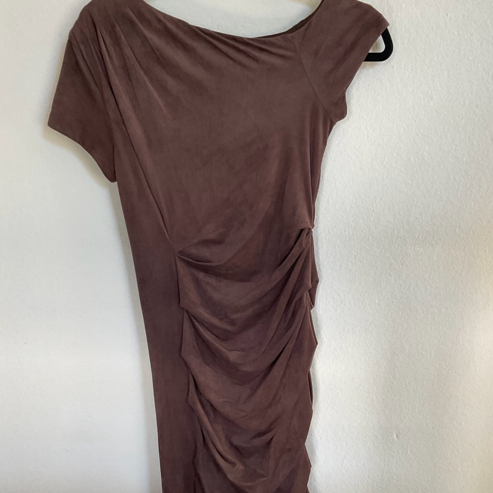 Gorgeous brown suede type fabric asymmetrical dress, worn 1 time